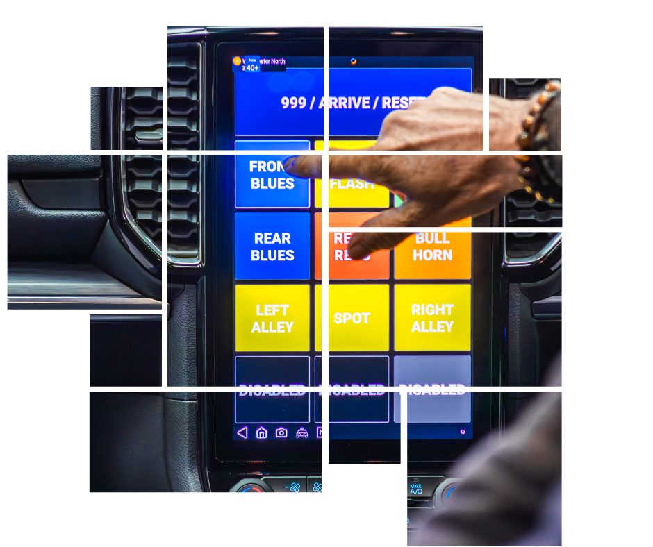 Hand controlling blue lights system on an infotainment screen within a police vehicle
